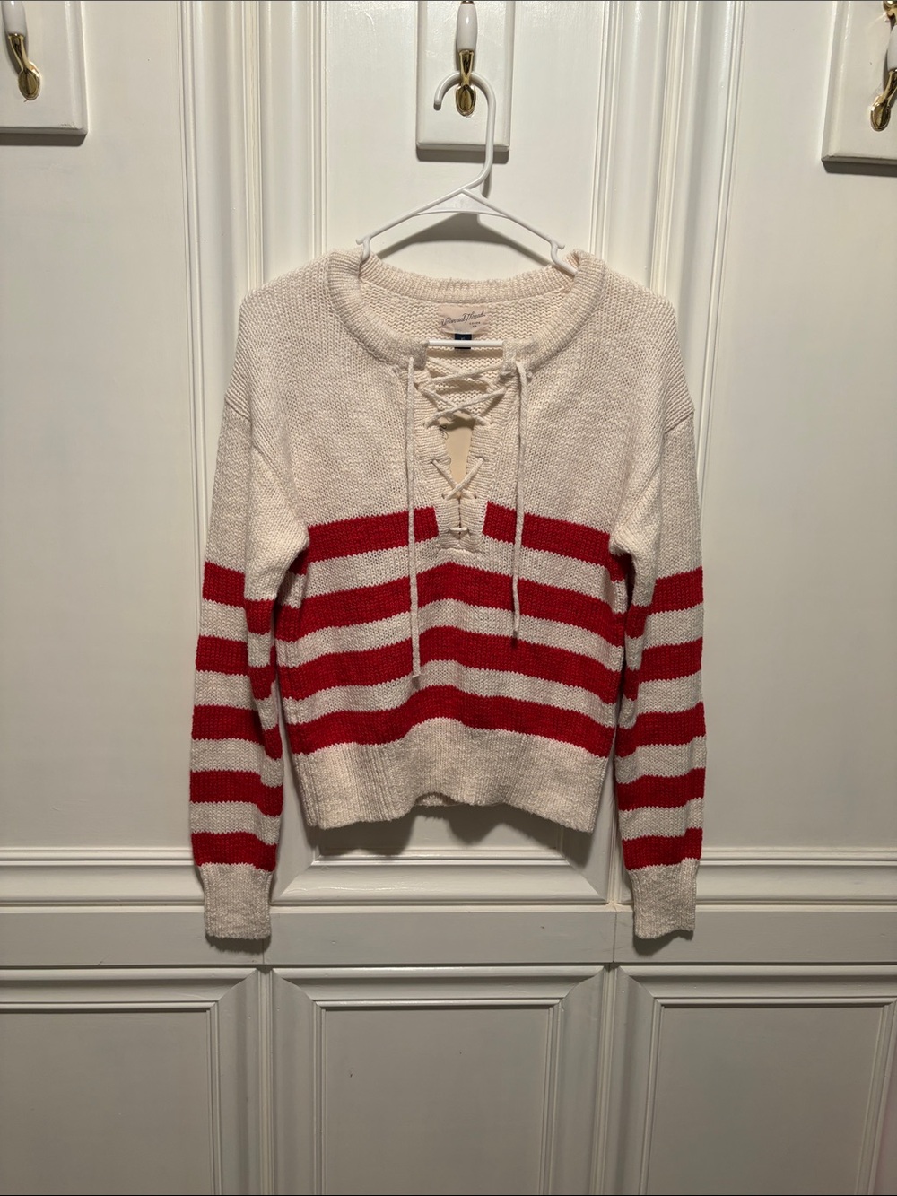 Universal Thread Cream and Red Lace-Up Striped Crewneck Sweater